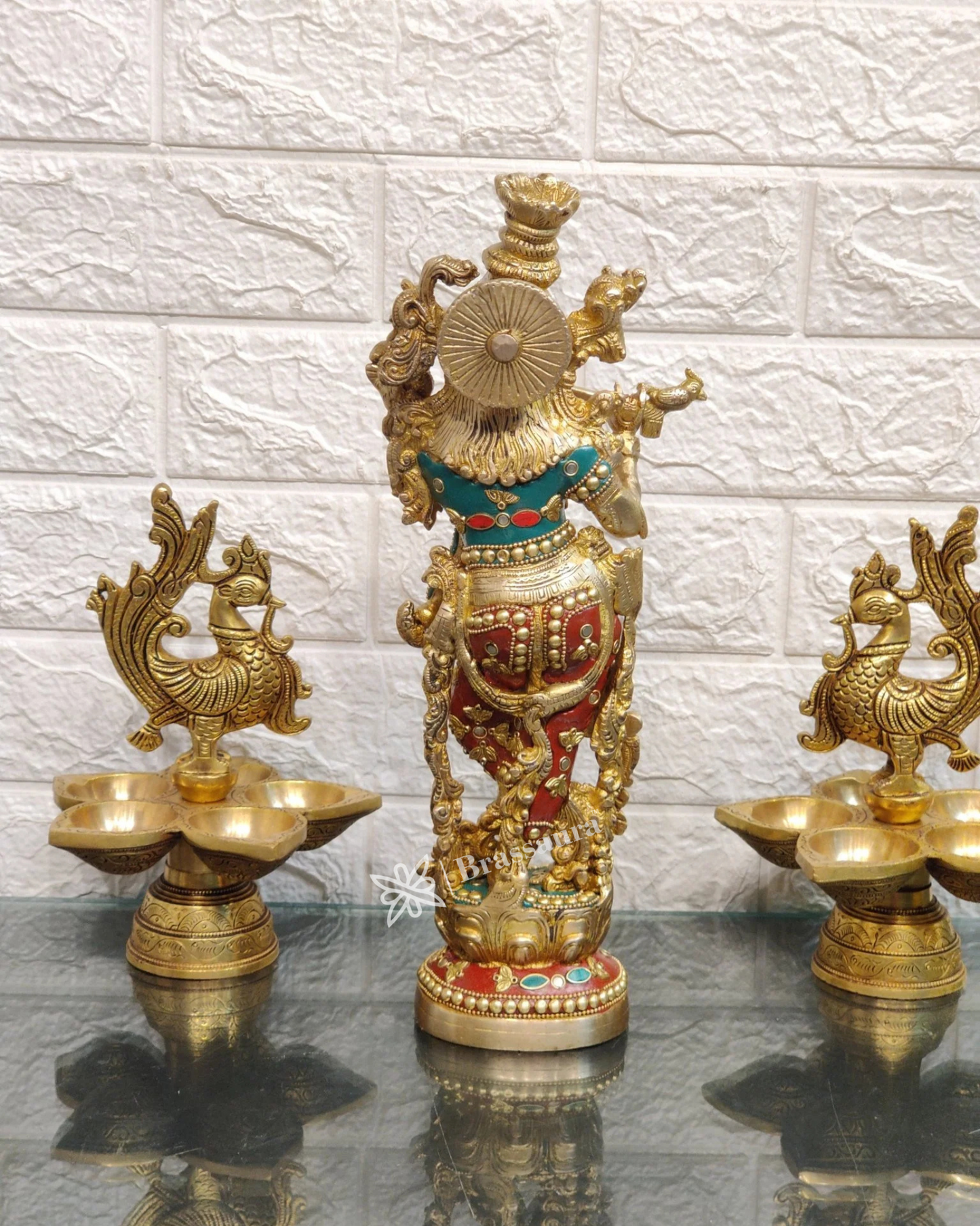 Brassaura™ Brass Gem Stone Work Radha-Krishna Idol – Height 14 Inches & Weight 8.5 Kgs | Devotional Home Décor