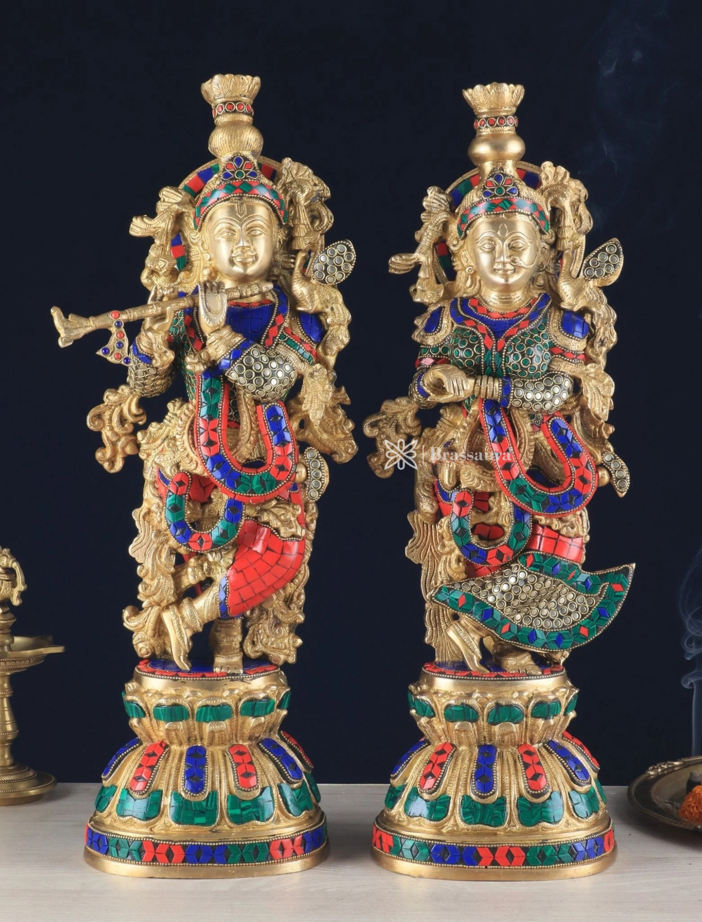 Brassaura™ Pure Brass Radha Krishna Statue with Rings & Natural Stones – Height 21 Inches & Weight 18 Kgs | Devotional Idol