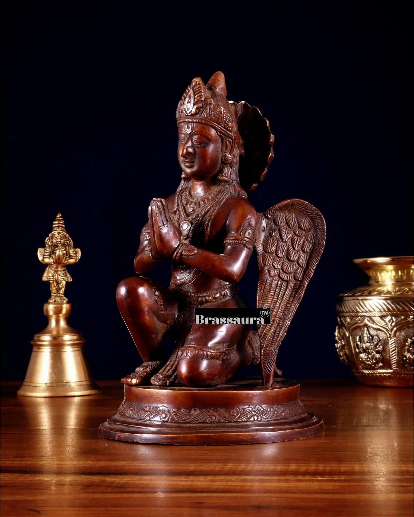 Brass Garuda Dev in Namaskar Mudra – Chola-Style Temple Art, Height 9 Inches, Weight 2.6 Kgs