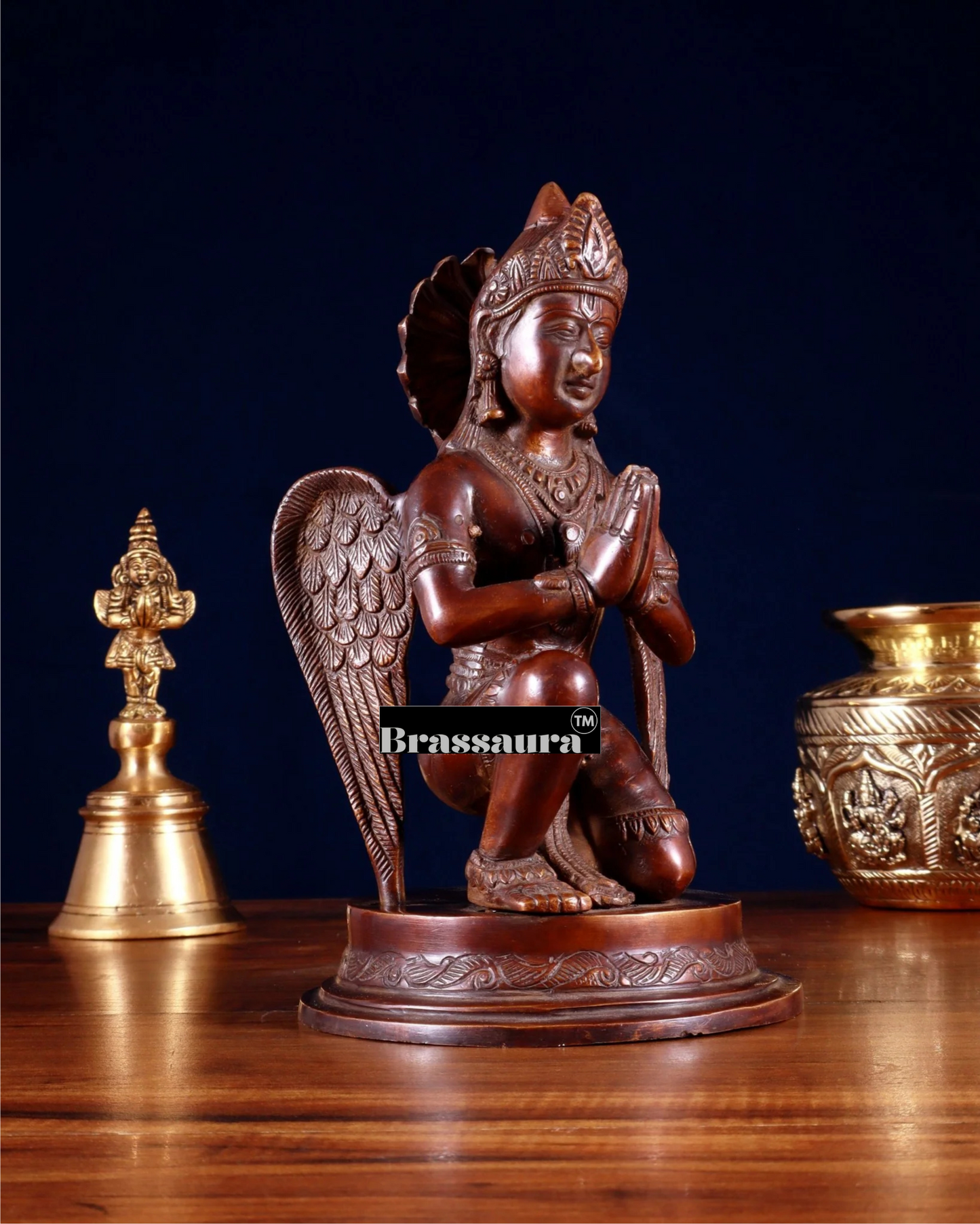 Brass Garuda Dev in Namaskar Mudra – Chola-Style Temple Art, Height 9 Inches, Weight 2.6 Kgs