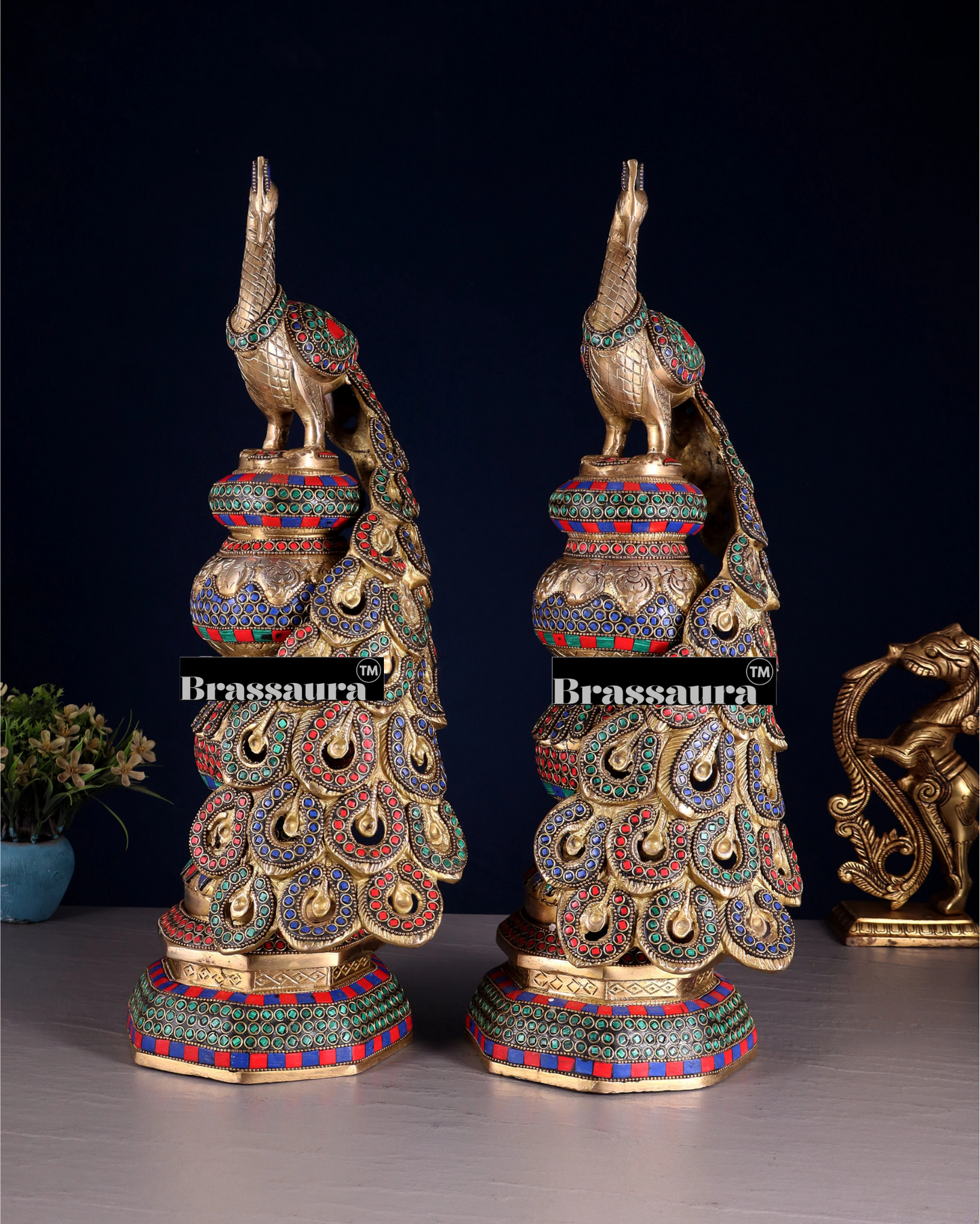 Brassaura™ Brass Peacock Pair with Meenakari Detailing – Height 20 Inches & Weight 17 Kgs (Pair)