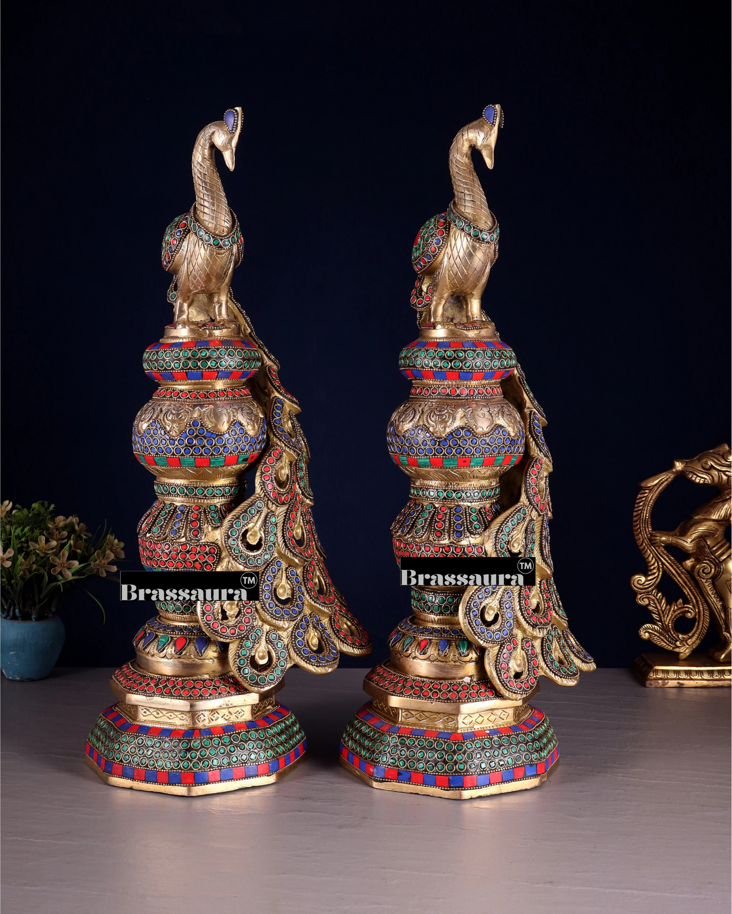 Brassaura™ Brass Peacock Pair with Meenakari Detailing – Height 20 Inches & Weight 17 Kgs (Pair)