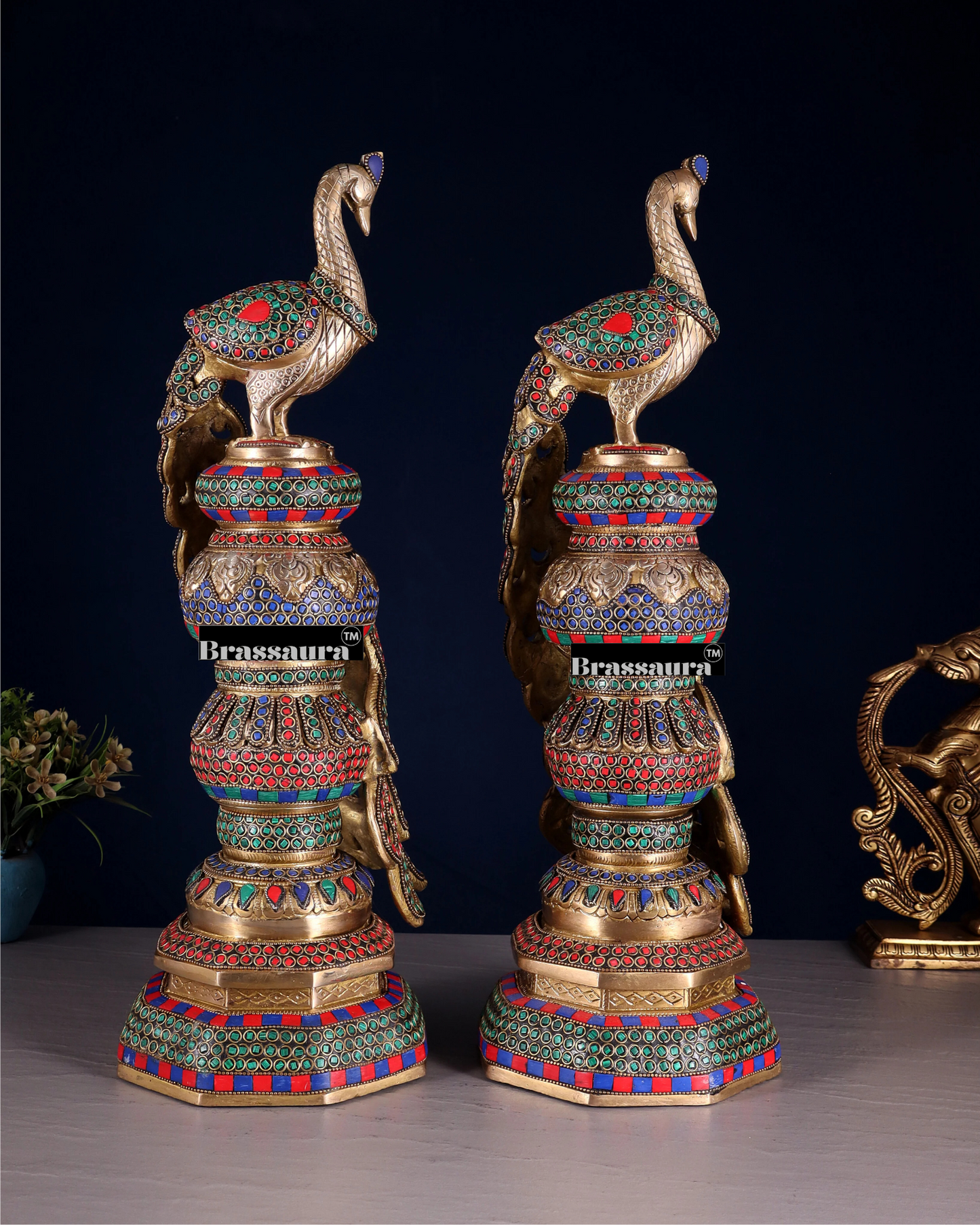 Brassaura™ Brass Peacock Pair with Meenakari Detailing – Height 20 Inches & Weight 17 Kgs (Pair)