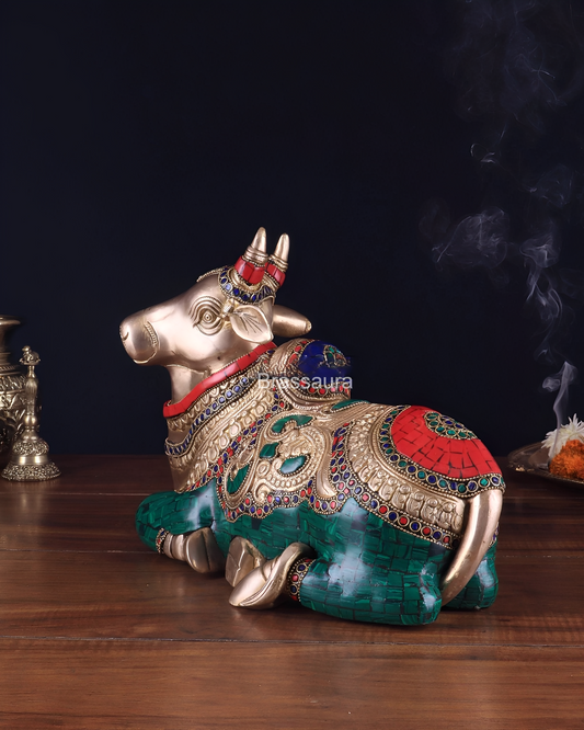 Brassaura™ Superfine Brass Sitting Nandi Statue with Stonework – Height 10" & Weight 10 Kgs | Home & Temple Décor