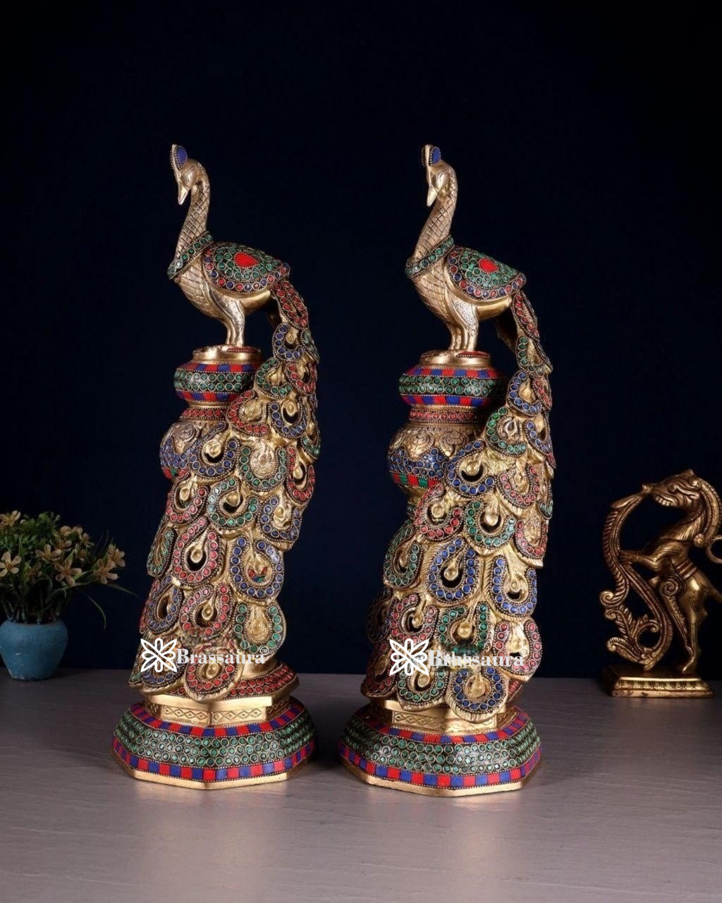 Brassaura™ Brass Peacock Pair with Meenakari Detailing – Height 20 Inches & Weight 17 Kgs (Pair)