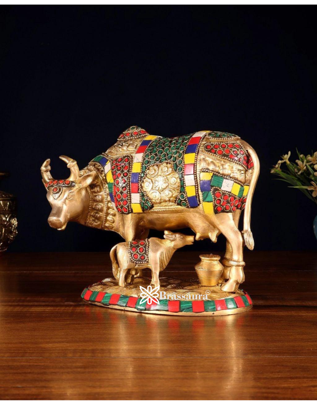 Brassaura™ Brass Cow & Calf Statue with BudShiv Meenakari Stonework – Height 7 Inches & Weight 3.25 Kgs
