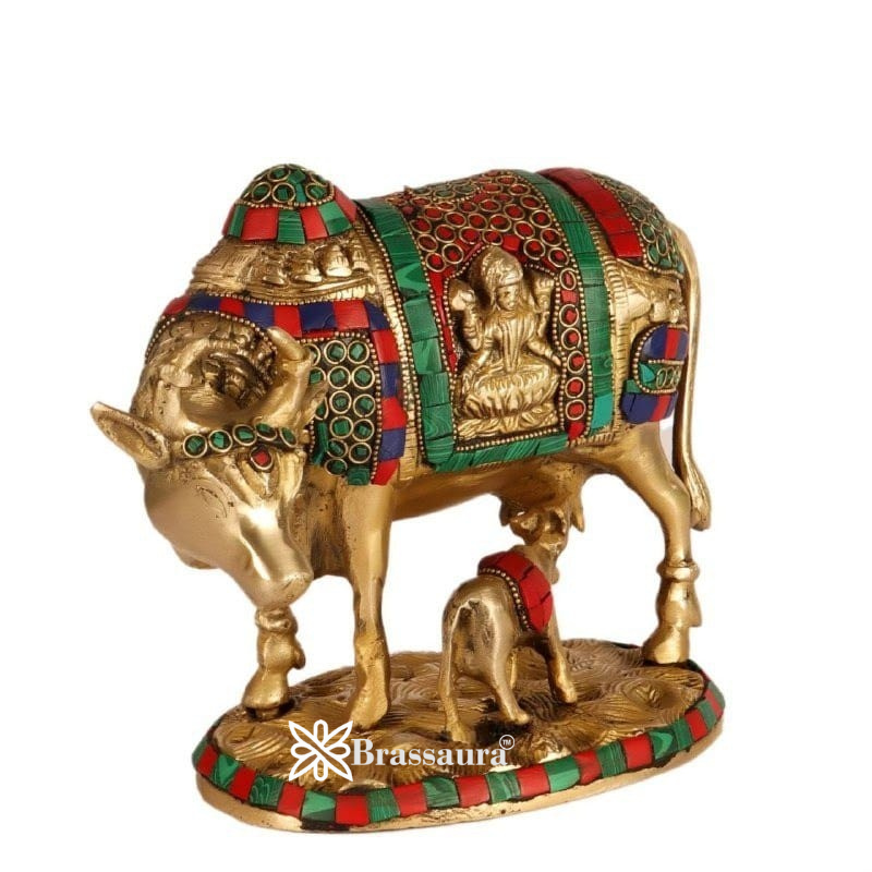 Brassaura™ Brass Cow & Calf Statue with Ganesha and Lakshmi – Height 7 Inches & Weight 3.2 Kgs | Prosperity & Auspicious Décor