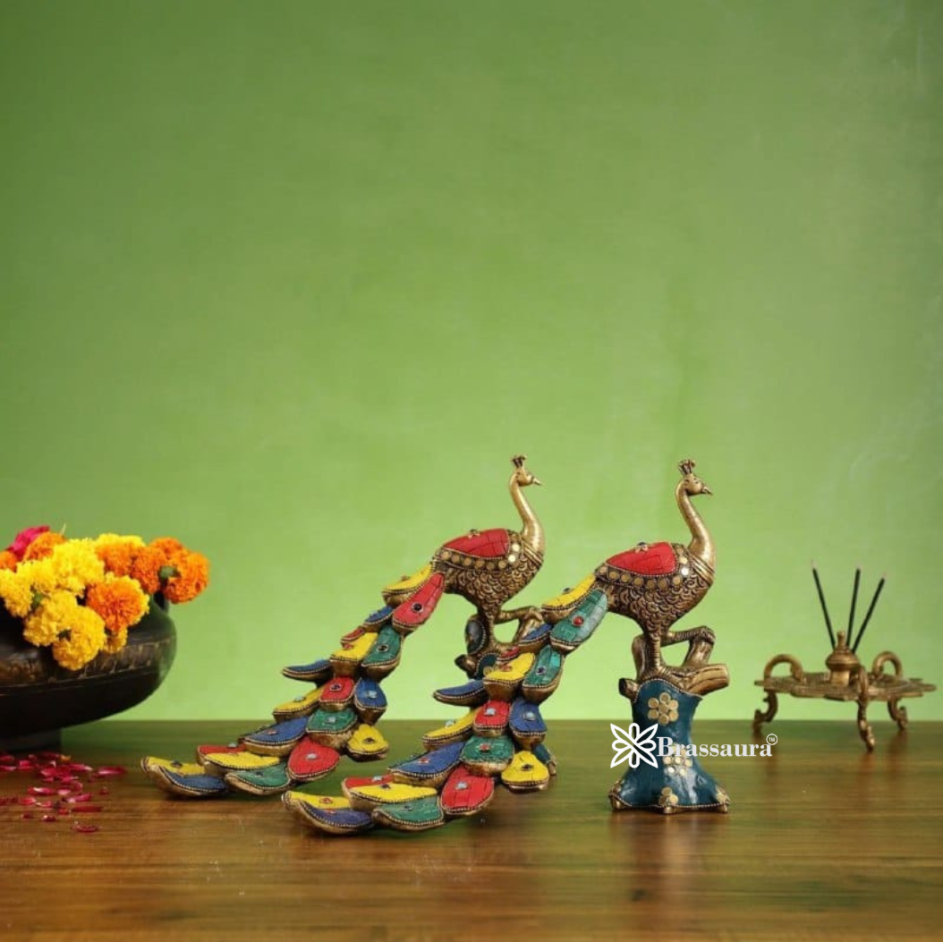 Brassaura™ Brass Peacock Table Accent Pair with Meenakari Stonework – Height 8.5 Inches Each & Total Weight 5 Kgs