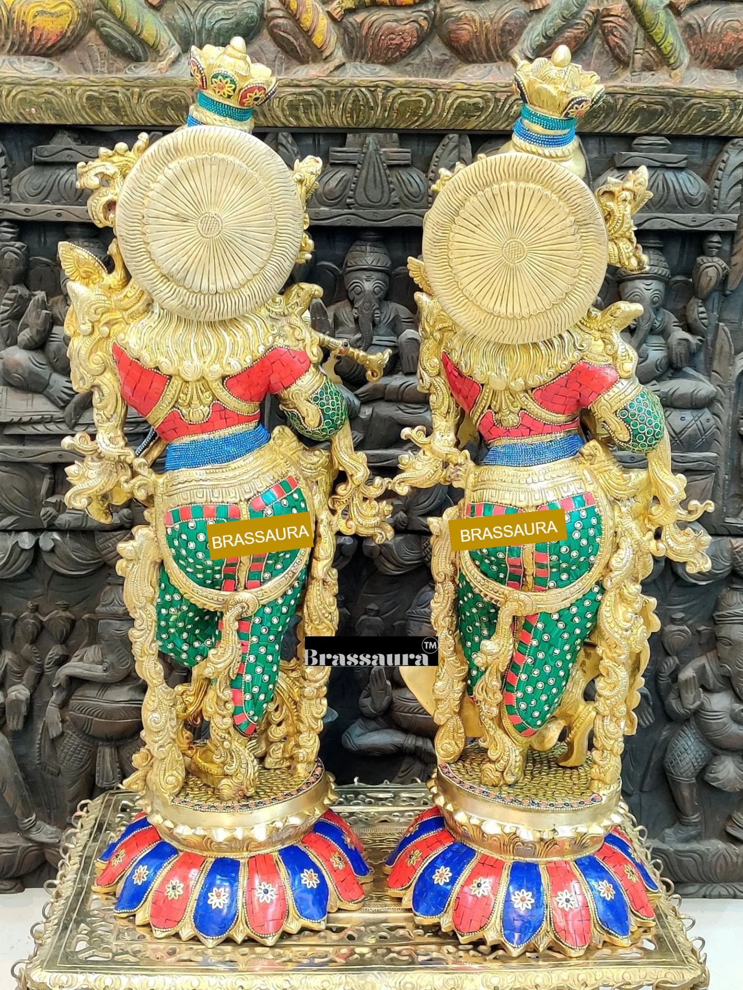Brassaura™ Brass Gem Stone Work Radha-Krishna Idol – Height 27 Inches & Weight 40 Kgs | Temple & Puja Décor