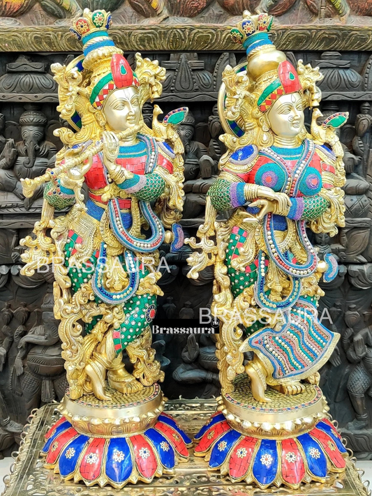 Brassaura™ Brass Gem Stone Work Radha-Krishna Idol – Height 27 Inches & Weight 40 Kgs | Temple & Puja Décor