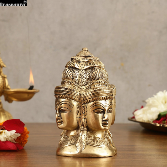 Brassaura™ Pure Brass Four Faces Shiva Mukhalingam (Charmukha) | Height 5 Inches | Weight 1.2 Kgs | Spiritual Decor