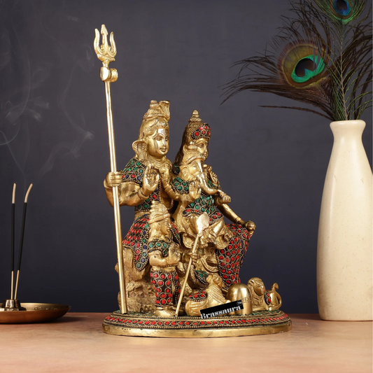 Brassaura™ Handcrafted Brass Shiva Parivaar Idol with Gem Stone Work – Height 10 Inches & Weight 5 Kgs | Divine Family Statue