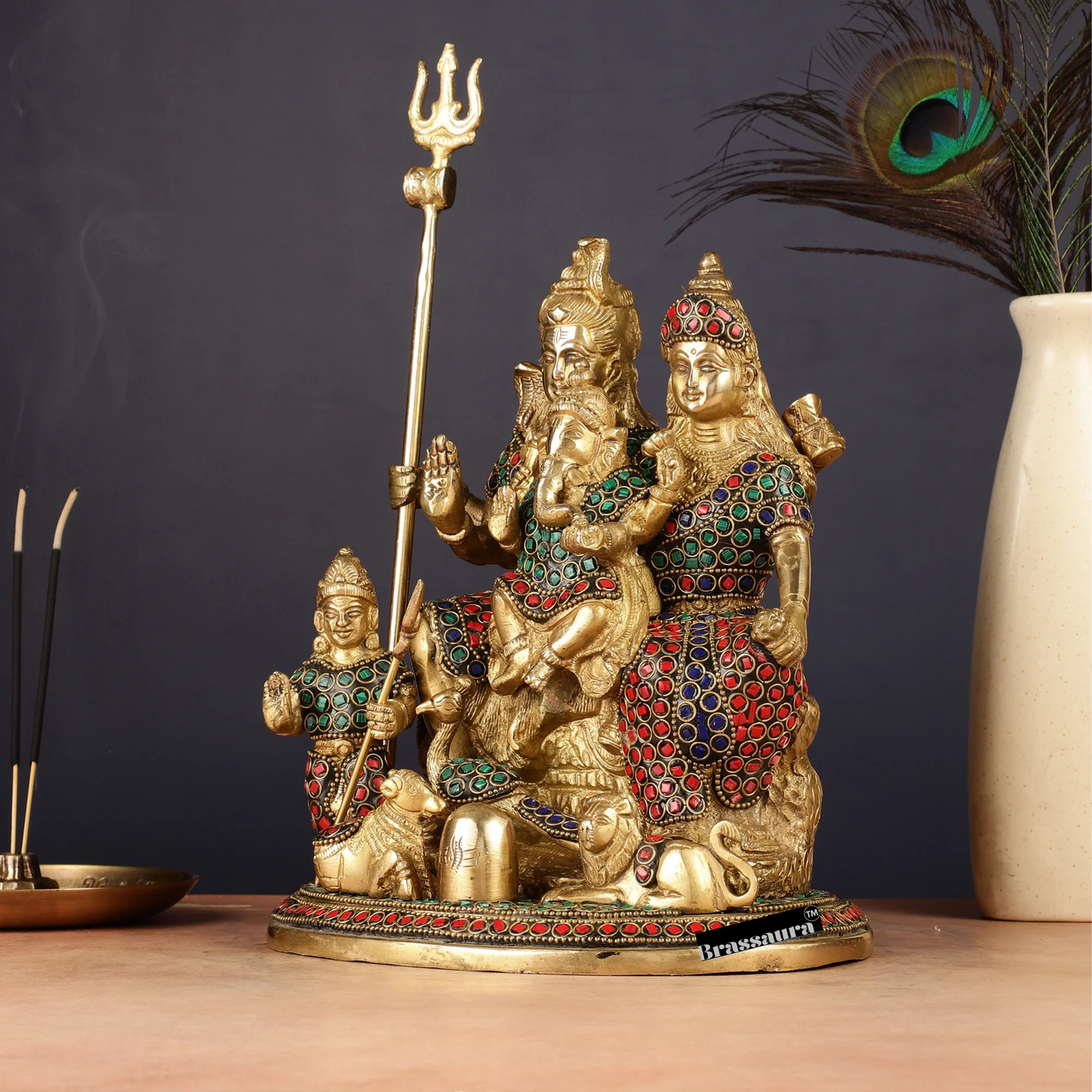 Brassaura™ Handcrafted Brass Shiva Parivaar Idol with Gem Stone Work – Height 10 Inches & Weight 5 Kgs | Divine Family Statue