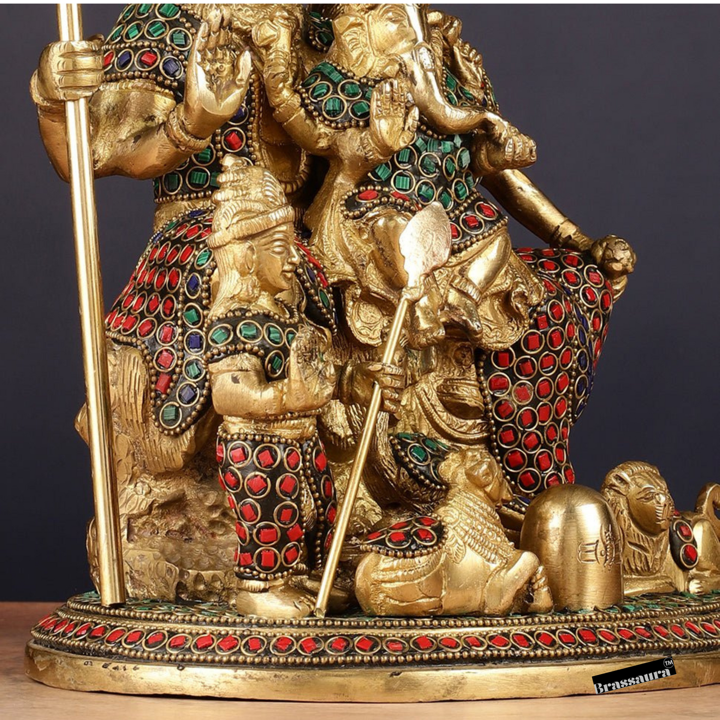 Brassaura™ Handcrafted Brass Shiva Parivaar Idol with Gem Stone Work – Height 10 Inches & Weight 5 Kgs | Divine Family Statue