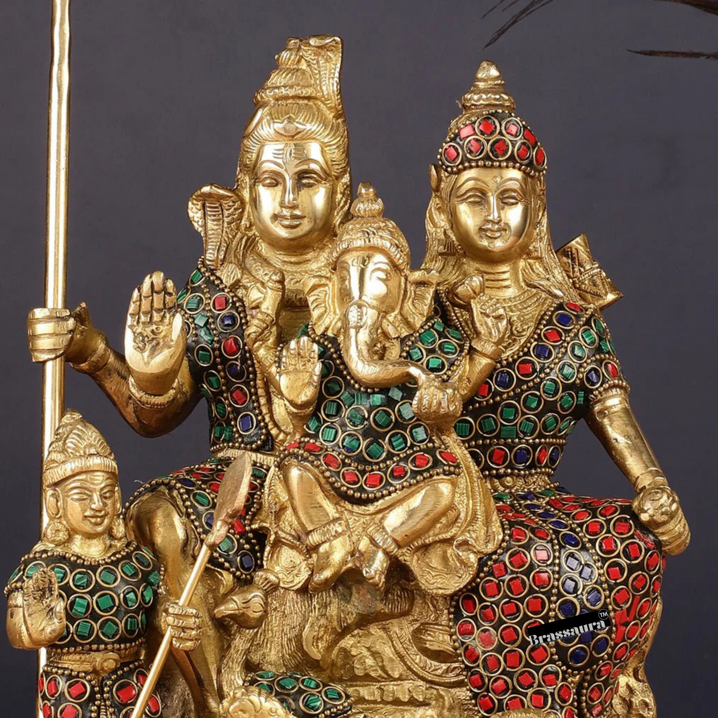 Brassaura™ Handcrafted Brass Shiva Parivaar Idol with Gem Stone Work – Height 10 Inches & Weight 5 Kgs | Divine Family Statue