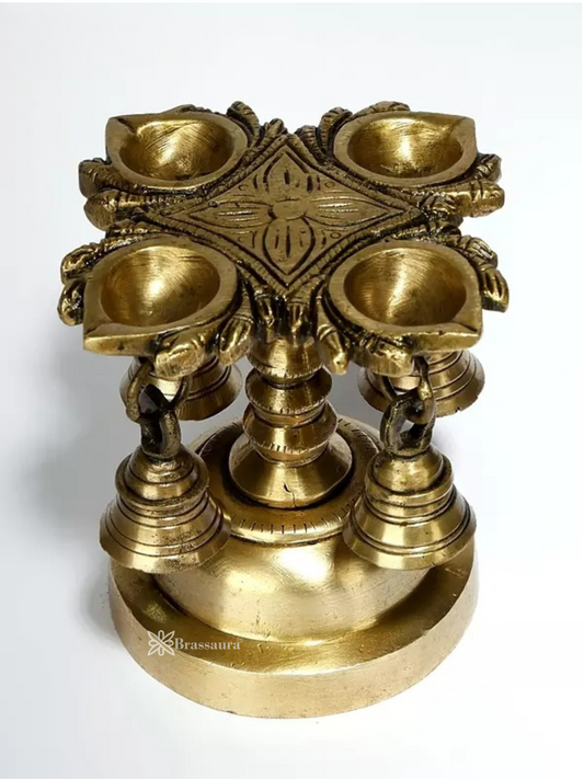 Brassaura™ Designer Brass Four-Wick Lamp with Bells – Height 11 cm (4.33 in) | Weight 1.20 kg