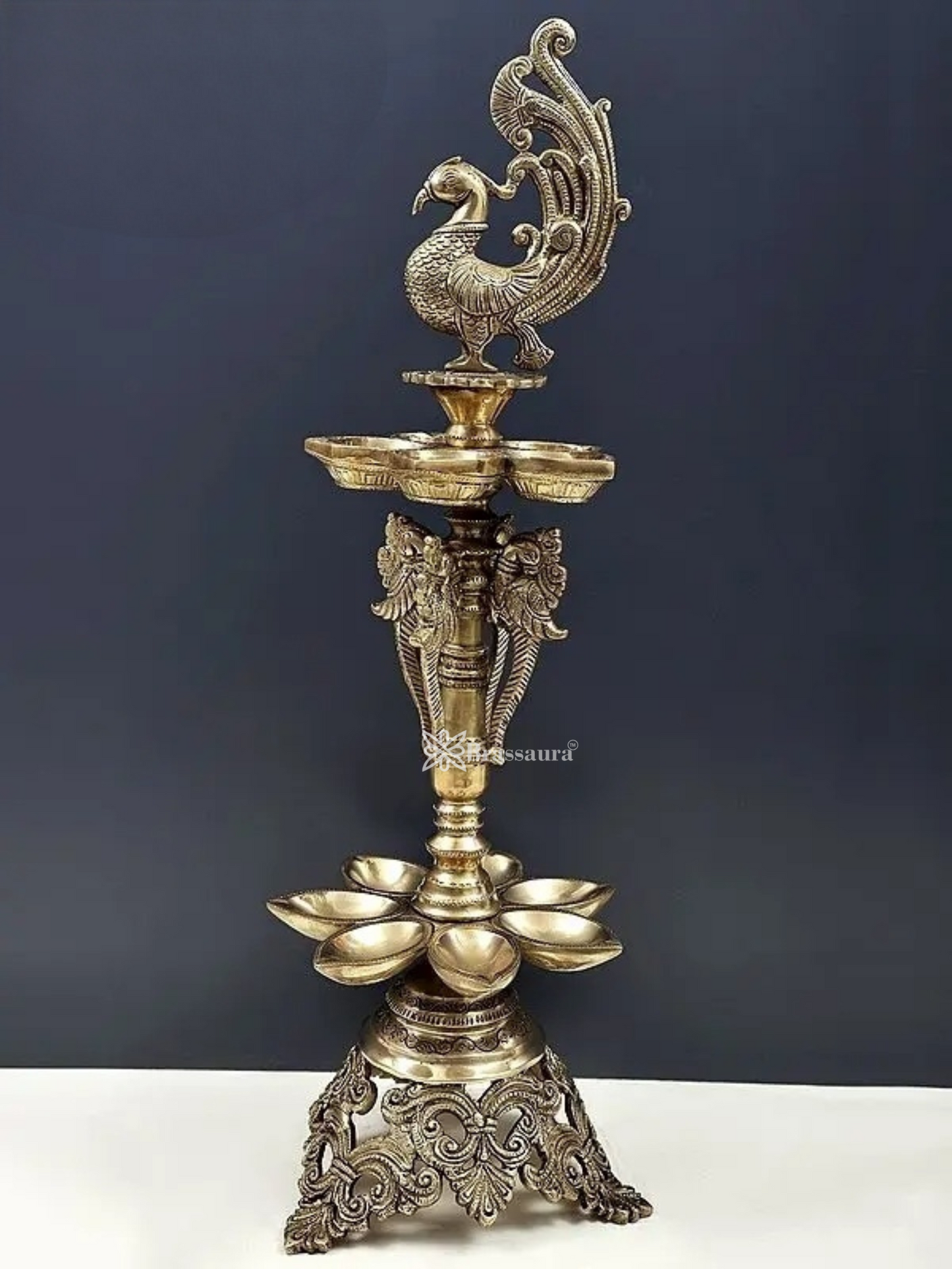 Brassaura™ Handmade 2-Layer Peacock Brass Lamp with Ten Wicks – Height 23.03 inches | Weight 5.30 kgs