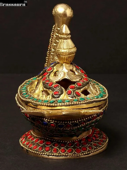 Brassaura™ Peacock Brass Incense Burner with Inlay Work – Height 4.92 inches | Weight 1.07 kgs