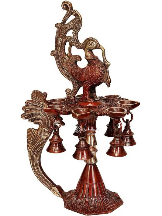 Brassaura™ Seven-Wick Mayur Brass Puja Lamp with Bells – Height 12.60 inches | Weight 2.30 kgs