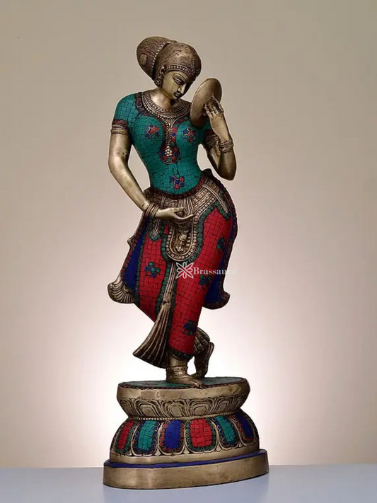 Brassaura™ Large Brass Mirror Lady with Inlay Work – Height 36 inches | Weight 26.68 kgs