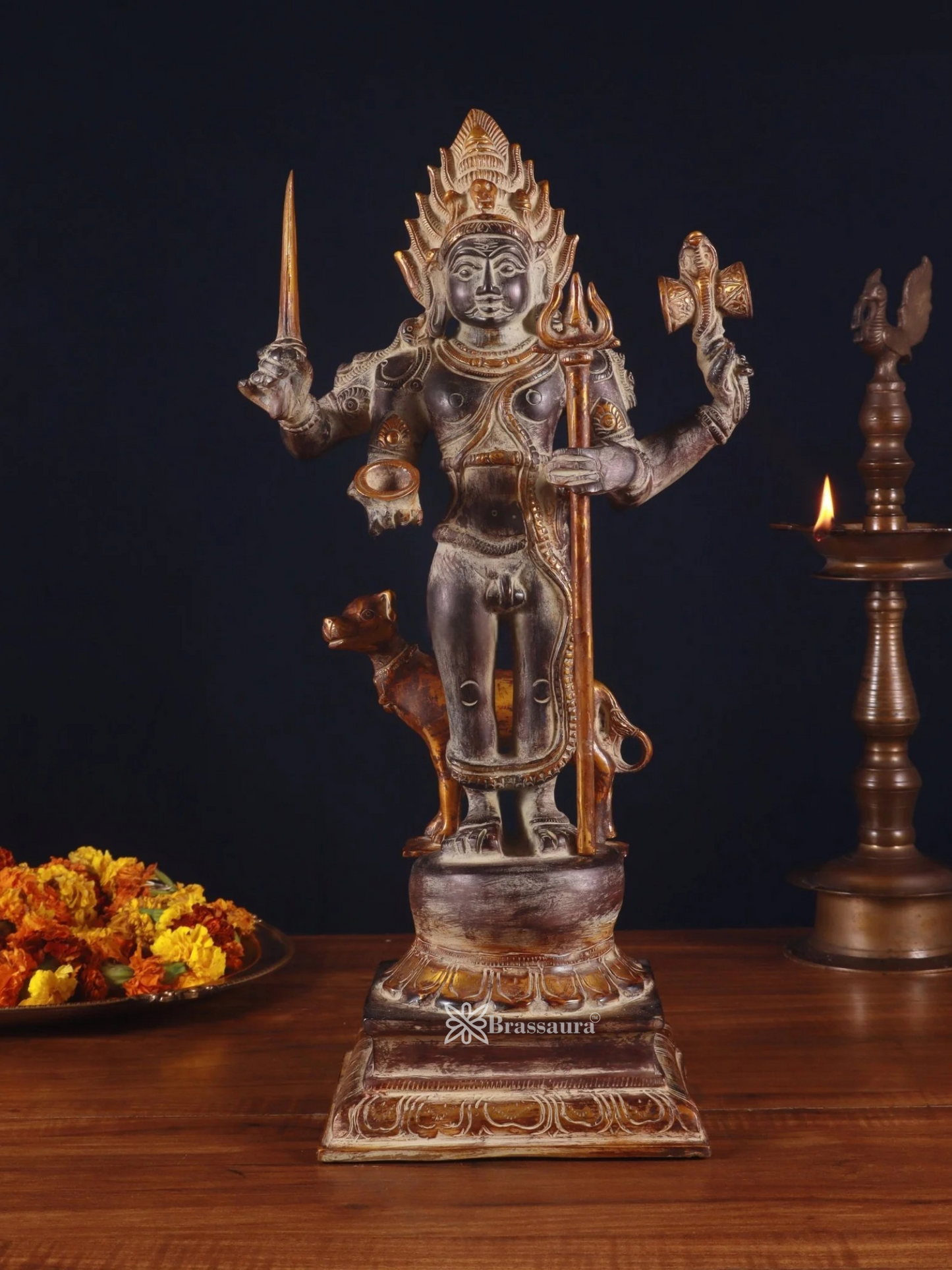 Brassaura™ Superfine Brass Kala Bhairava Statue with Vahana Dog – Height 17.5 inches | Weight 9 kgs
