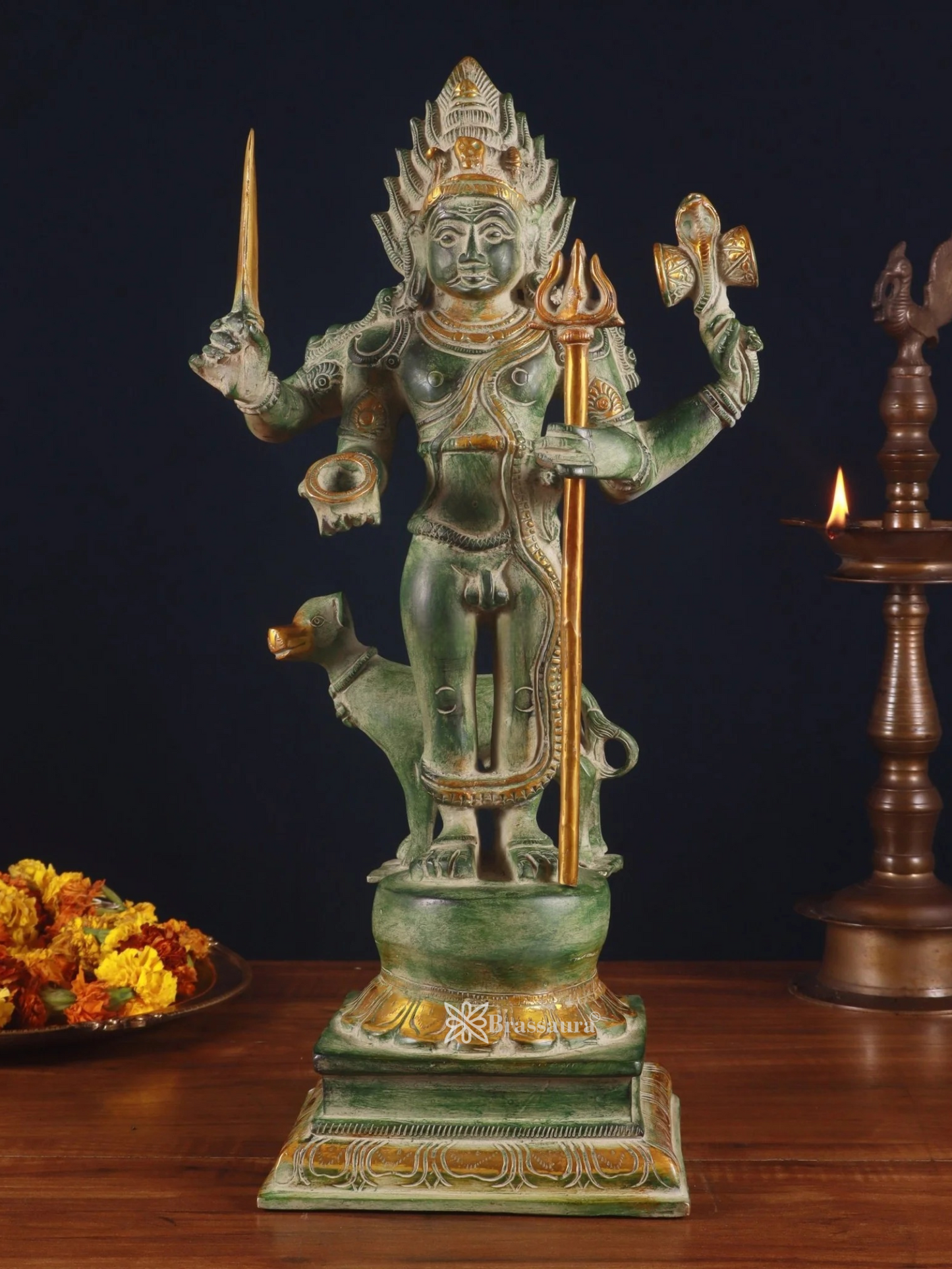 Brassaura™ Superfine Brass Kala Bhairava Statue with Vahana Dog – Height 17.5 inches | Weight 9 kgs