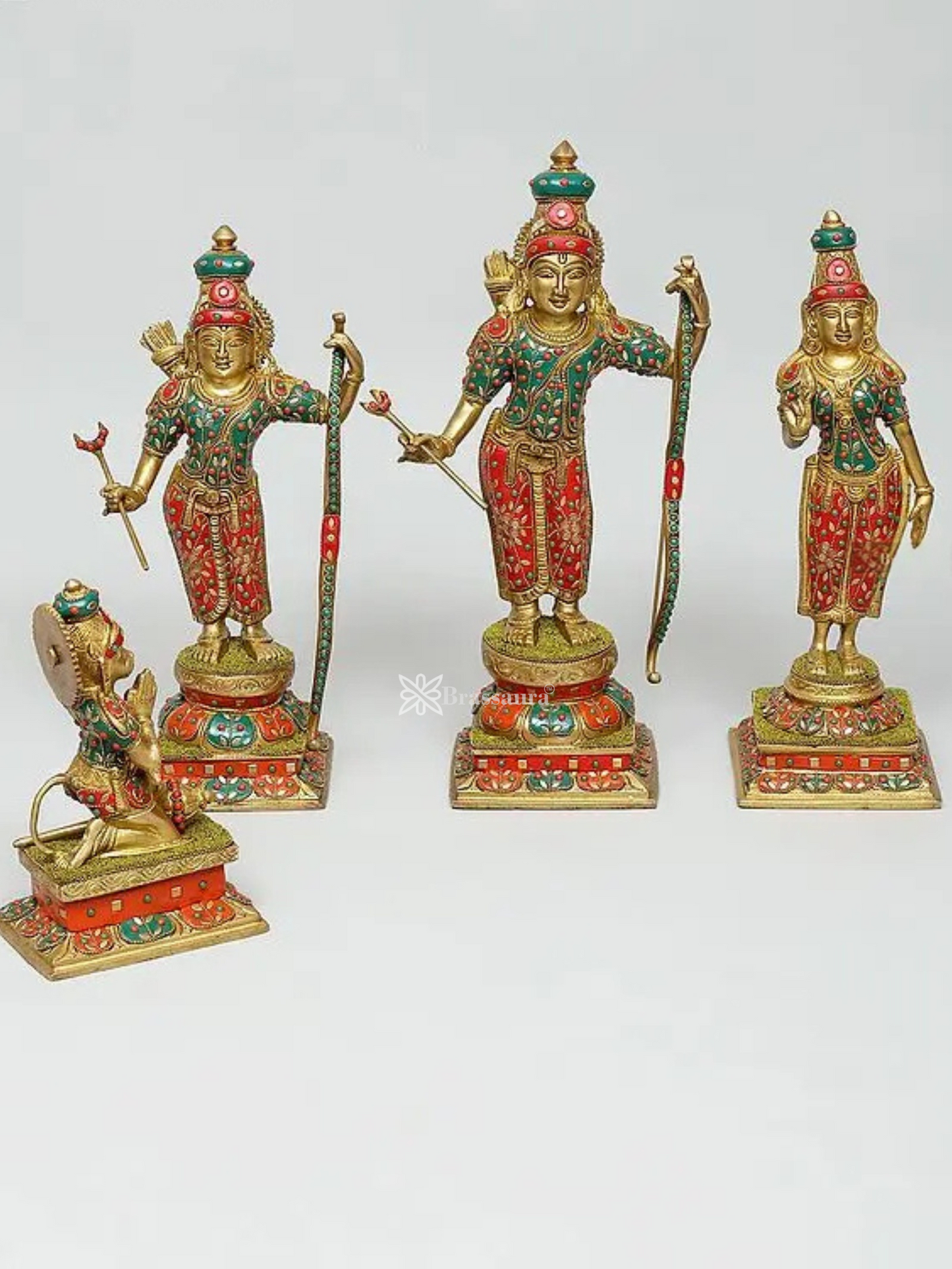 Brassaura™ Brass Ram Darbar Statue Set – Rama, Sita, Lakshman & Hanuman | Height 18 Inches (Rama) | Pure Brass Idols for Temples & Home Decor