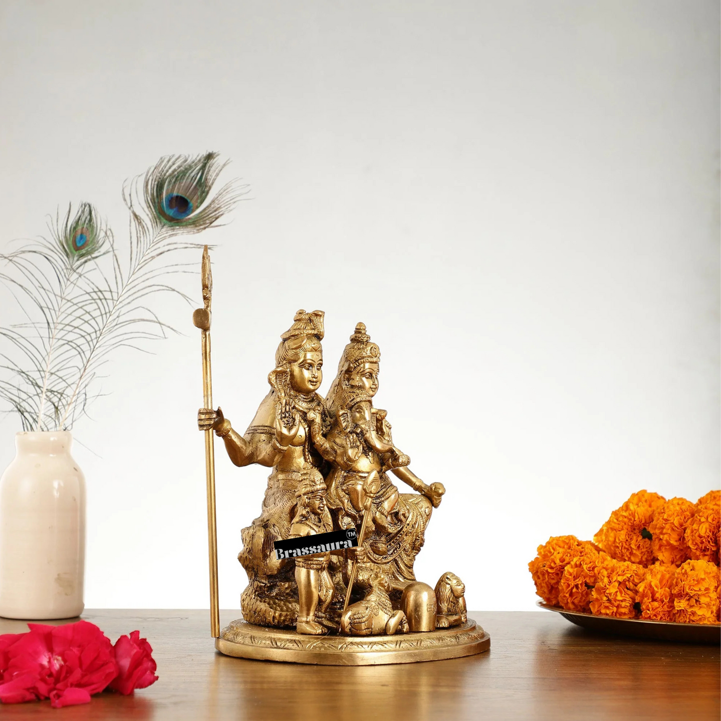Brassaura™ Lord Shiva Parivaar Brass Idol | Height 9.5 Inches | Weight 5 Kgs | Golden Finish | Spiritual Home Decor
