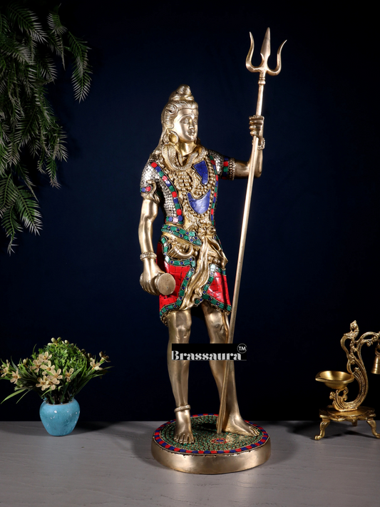 Brassaura™ Brass Gem Stone Work Standing Shiva Idol – Height 23 Inches & Weight 10.5 Kgs | Spiritual Home Décor