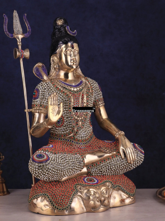 Brassaura™ Brass Gem Stone Work Shiva Idol – Height 23 Inches & Weight 18 Kgs | Traditional Pooja Décor
