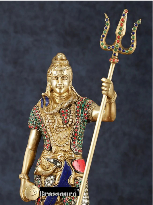 Brassaura™ Brass Gem Stone Work Standing Shiva Idol – Height 18 Inches & Weight 6 Kgs | Spiritual Temple Statue
