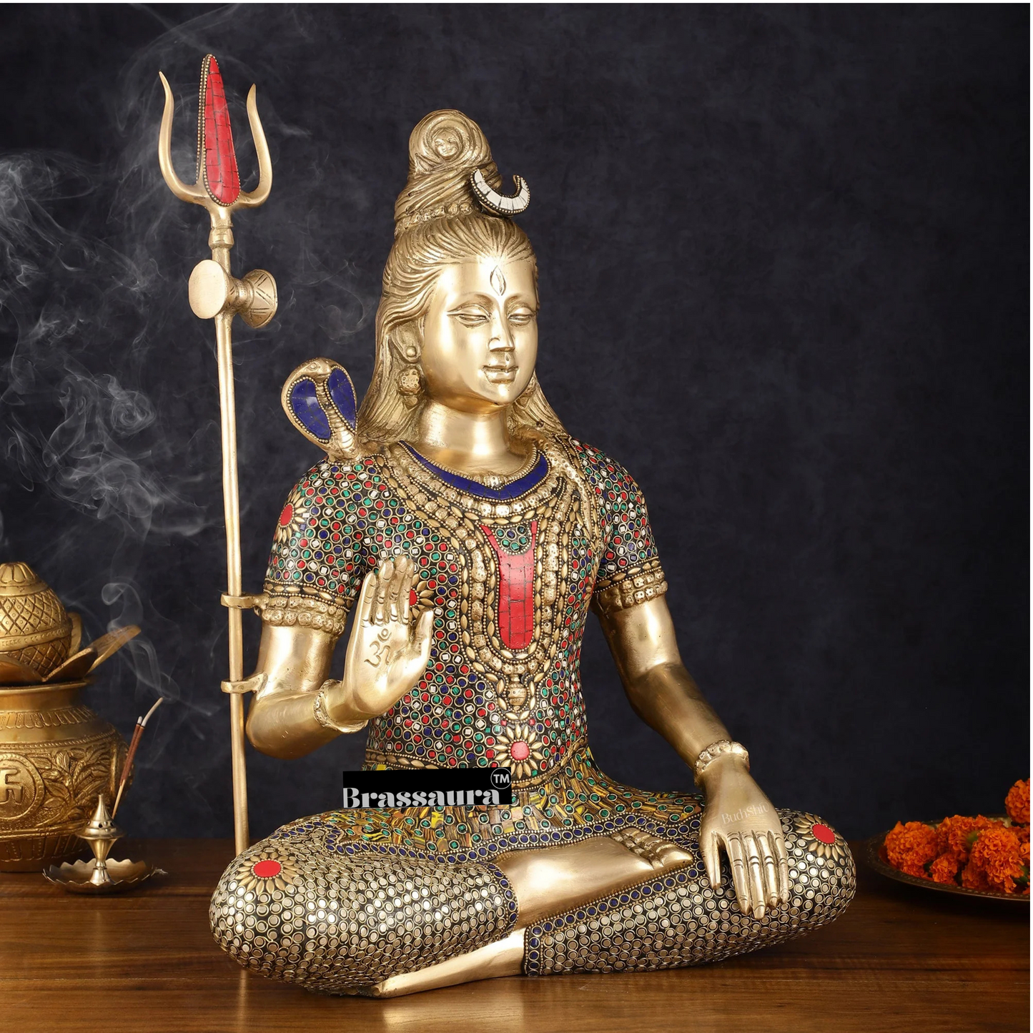 Brassaura™ Brass Gem Stone Work Shiva Idol – Height 20 Inches & Weight 12 Kgs | Temple & Home Accent