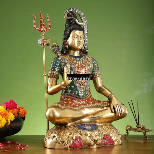 Brassaura™ Brass Gem Stone Work Shiva Idol – Height 22.5 Inches & Weight 16 Kgs | Spiritual Home Décor