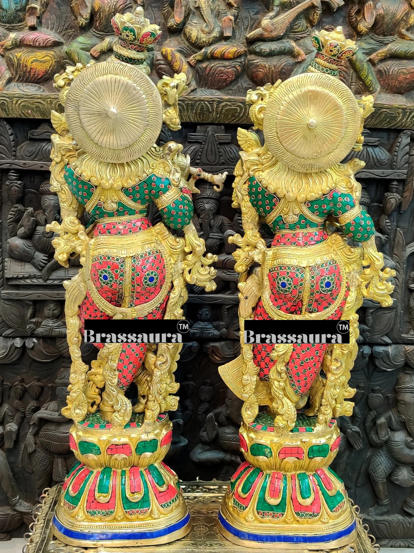 Brassaura™ Brass Gem Stone Work Radha-Krishna Idol – Height 30 Inches & Weight 35 Kgs | Premium Devotional Sculpture
