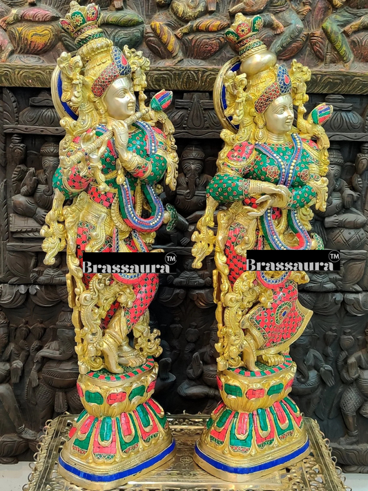 Brassaura™ Brass Gem Stone Work Radha-Krishna Idol – Height 30 Inches & Weight 35 Kgs | Premium Devotional Sculpture
