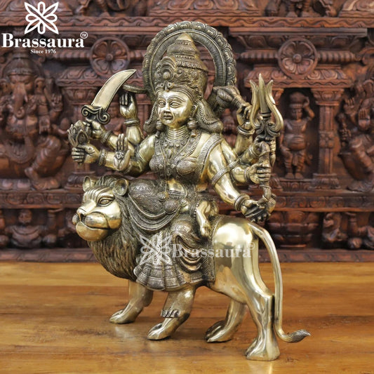 Brassaura™ Pure Brass Sherawali Mata Idol – 23.5 Inches, 24.22 Kgs | Sacred Decor Piece