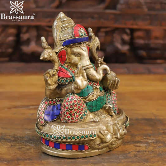 Brass Gem Stone Work Ganesha Weight 3.6 Kg & Height 8.5 Inch