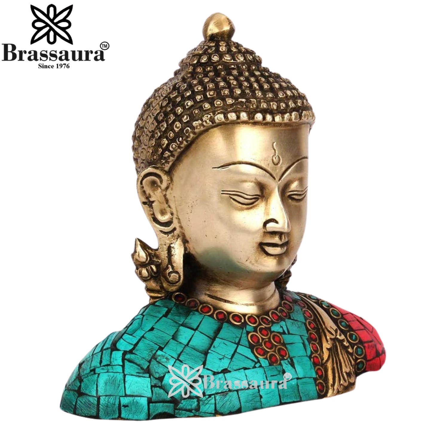 Brass Head Gem Stone Work Buddha Weight 1.6 kg & Height 7 Inch