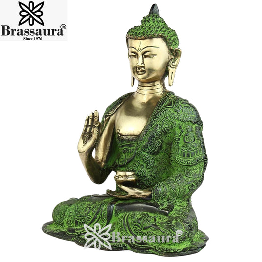 Brassaura® Vintage Buddha Idol for Home & Décor | Pure Superfine Brass Handcrafted Murti, Brass Statue for Home Temple, Pooja Room | Height 11 Inches | Weight 4.5 Kg
