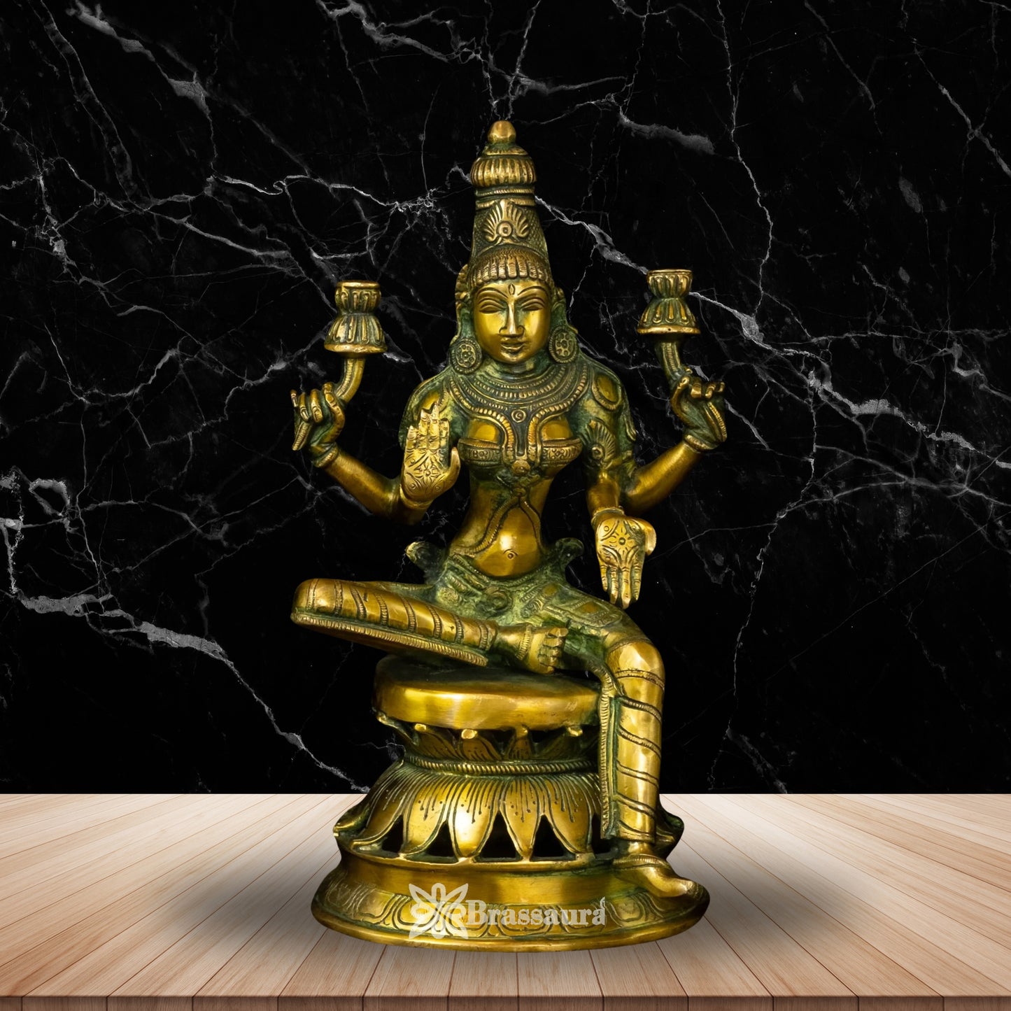 Brassaura™ Artistic Brass Laxmi Idol – Height 12 Inches & Weight 3.9 Kgs | Home & Puja Décor