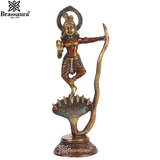 Brassaura® Kalinga Nardhana Lord Krishna Brass Idol | Handcrafted Golden Copper Finish Krishna Dancing on Kaliya Naag Murti for Home Temple, Pooja Room & Spiritual Décor | Height 13 Inches | Weight 2.5 Kg
