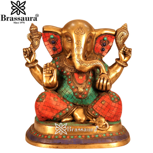 Brass Gem Stone Work Ganesha Statue Weight 9.6 Kg And Height 11 Inch