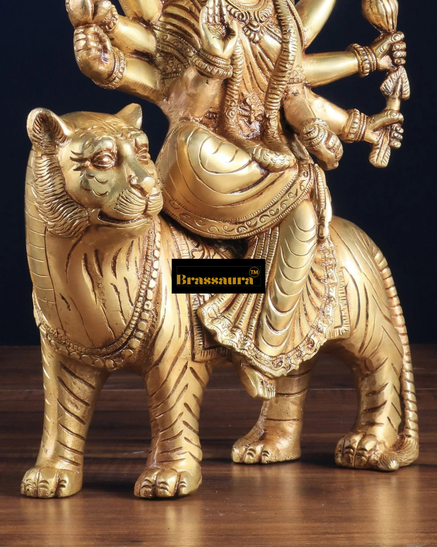 Brassaura™ 12-Inch Pure Brass Sherawali Mata Idol – 4.8kg – Handcrafted Durga Statue on Tiger for Strength & Protection