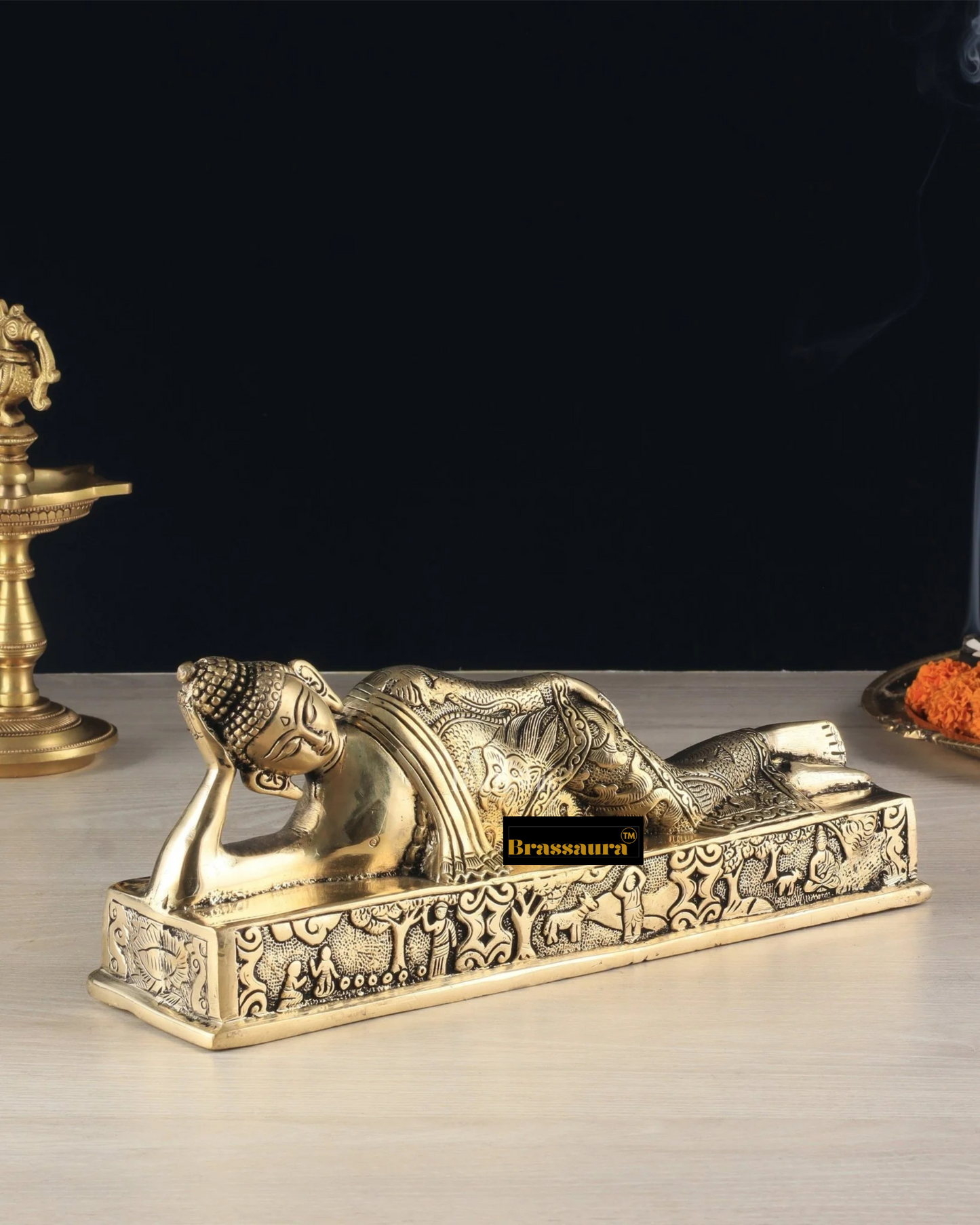 Brassaura™ Pure Brass Resting Buddha Idol – Height 4.6 Inches, Weight 2.55 Kgs
