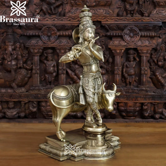 Brass Cow Krishna Murti Weight 26.9 Kg And Height 25 Inch