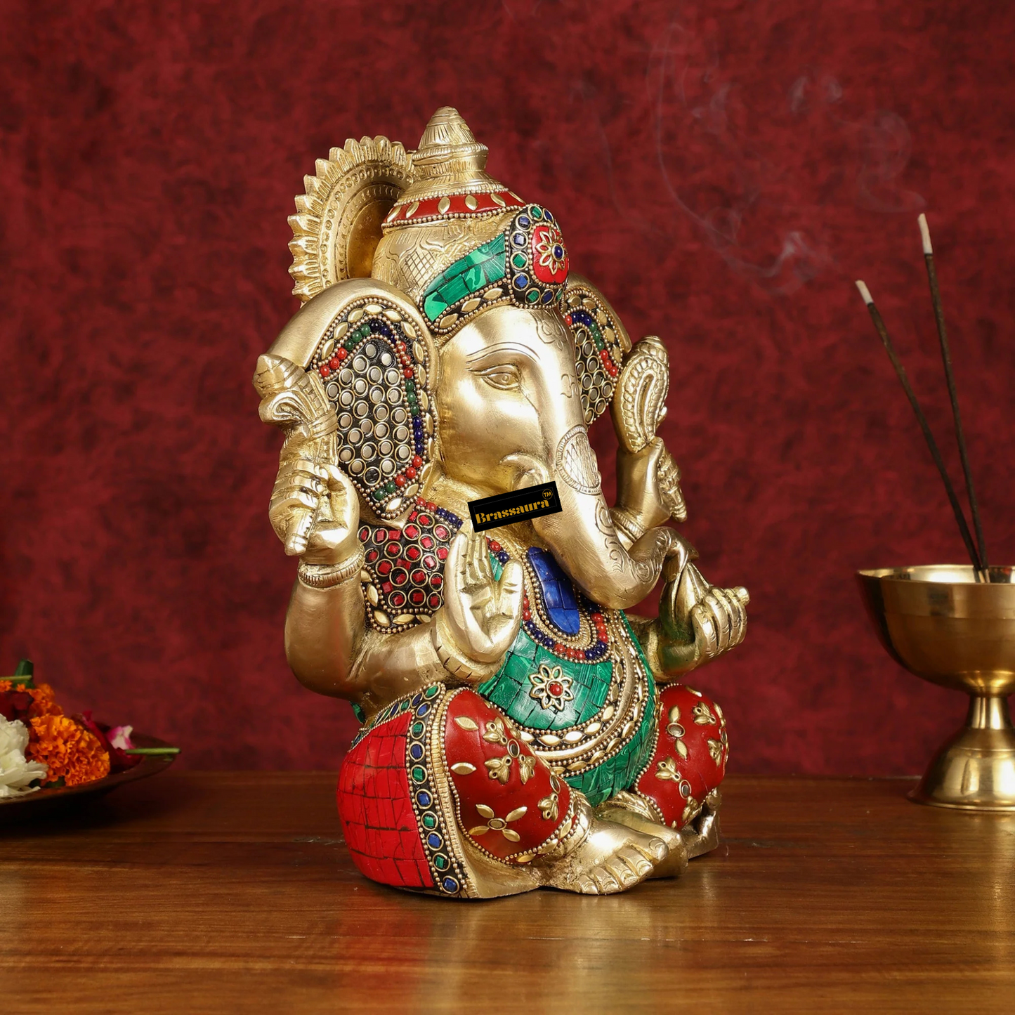 Brassaura™ Brass Lord Ganesha Statue – Meenakari Stonework | Height 10 Inches, Weight 5.15 Kgs