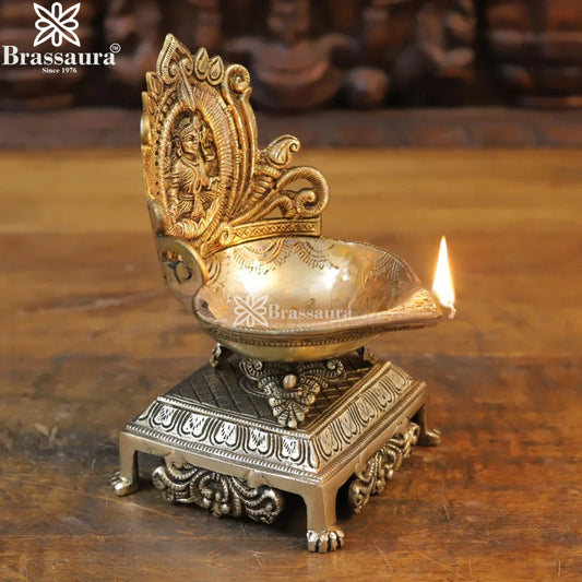 Brassaura™ Brass Mahalaxmi Diya – Height 7 Inches & Weight 1.2 Kgs | Home & Puja Décor