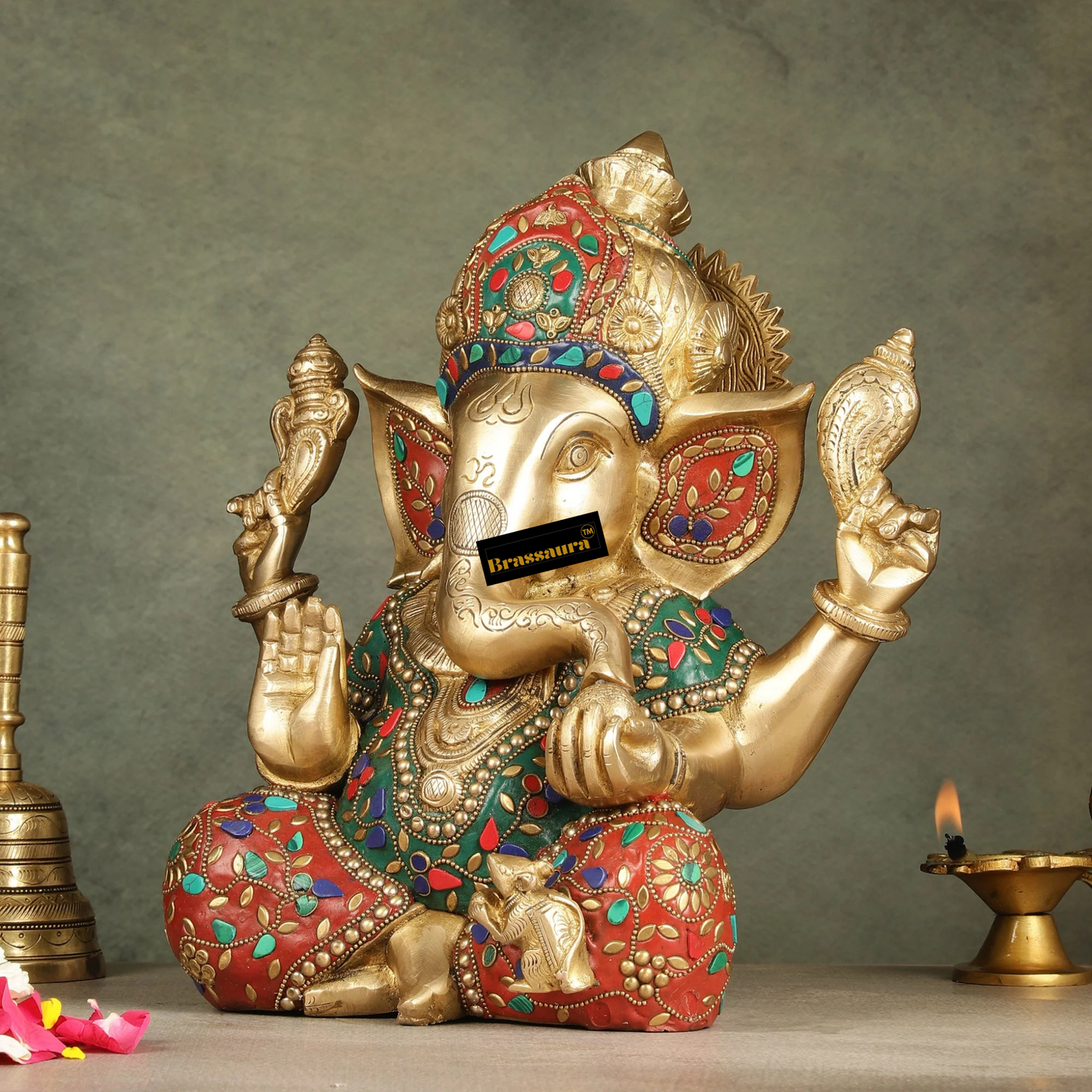 Brassaura™ Pure Brass Ganapati Idol – Stonework Detailing | Height 12.5 Inches, Weight 11 Kgs