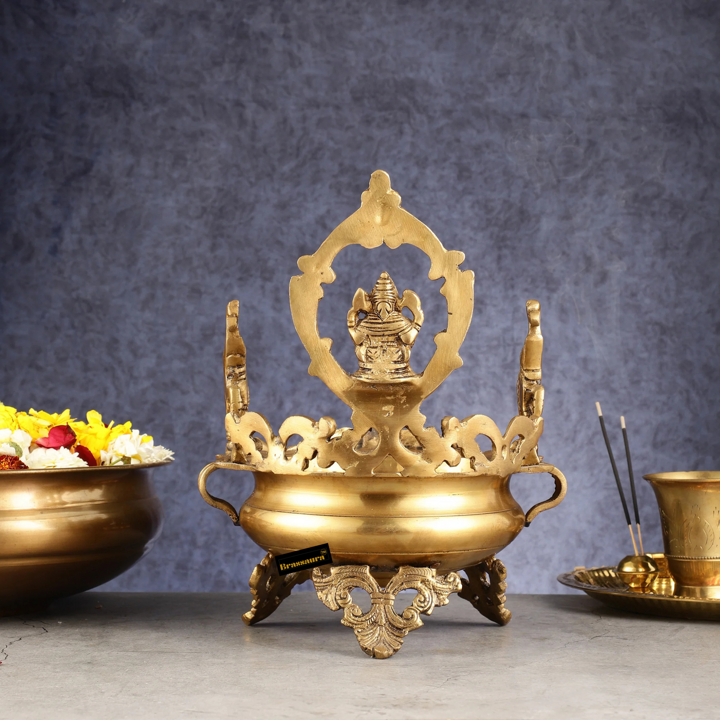 Brassaura™ Handcrafted Brass Ganapati Urli Bowl with Elephants – Height 12 Inches, Weight 3.5 Kgs