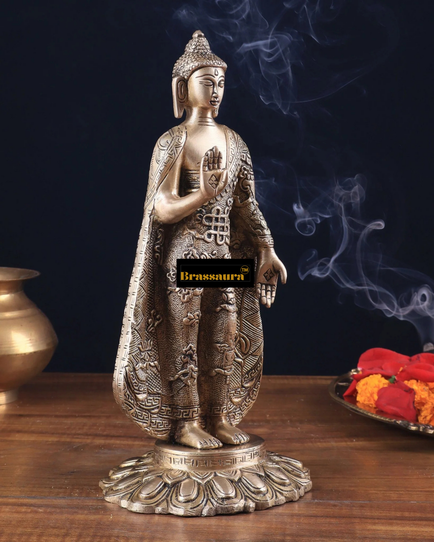 Brassaura™ Pure Brass Standing Buddha Idol – Height 11 Inches, Weight 2.7 Kgs
